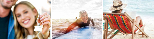 Collage aus Bildern: Paar mit Hausschlüssel, Surfer im Meer, Frau im Ligestuhl am Strand